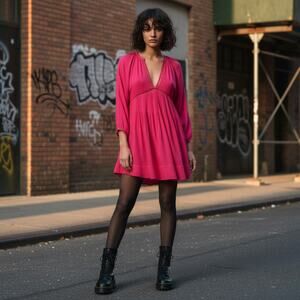 Free People Go Lightly V-Neck Swing Dress Medium Hot Pink Boho Soft Grunge Chic